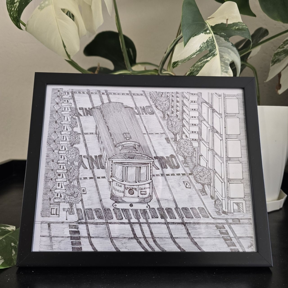 San Francisco California Art Original Drawing Cable Car Trolley
